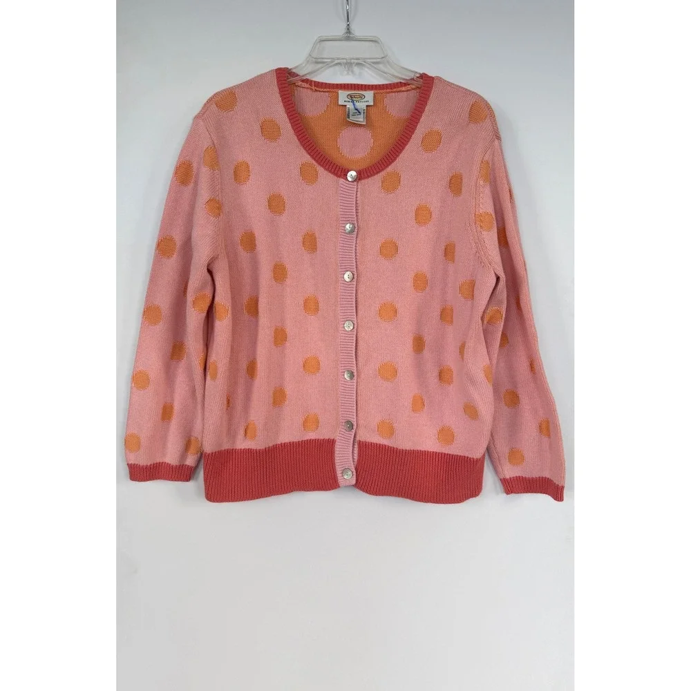 Talbots Woman Petites Pink Orange Polka Dot Cotton Cardigan Sweater 1X Preppy‎